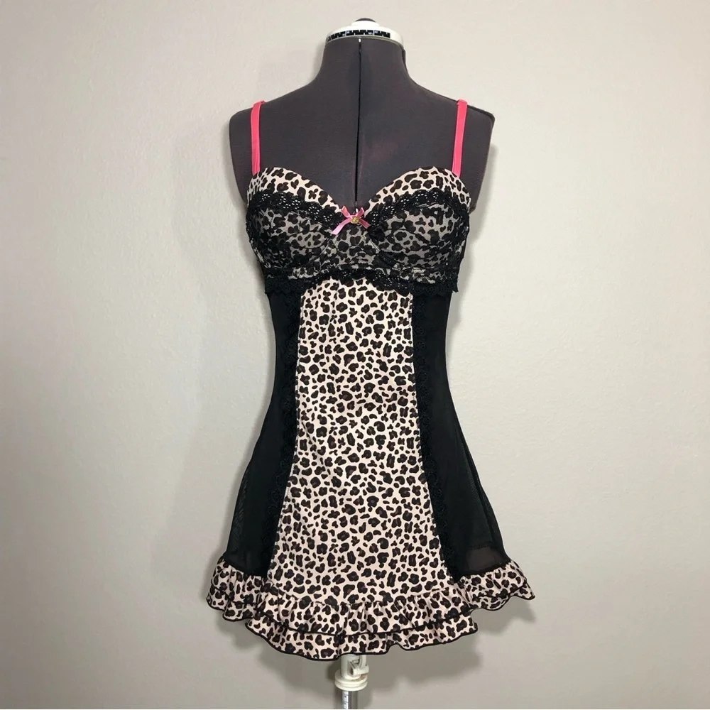 Jessica Simpson Leopard‎ Print Removable Straps Padded Bra Babydoll Lingerie L